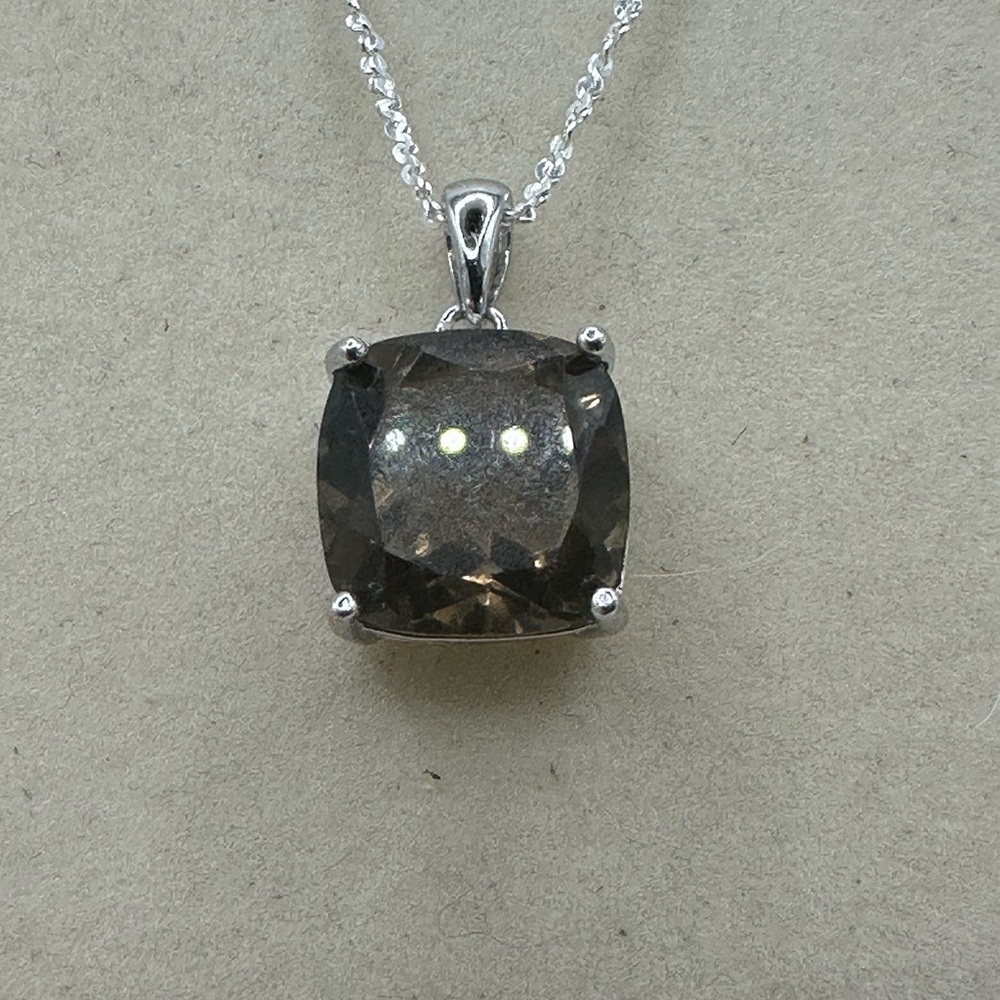 Faceted Square Smoky Quartz Pendant on Silver Chain - Picture 10 of 11